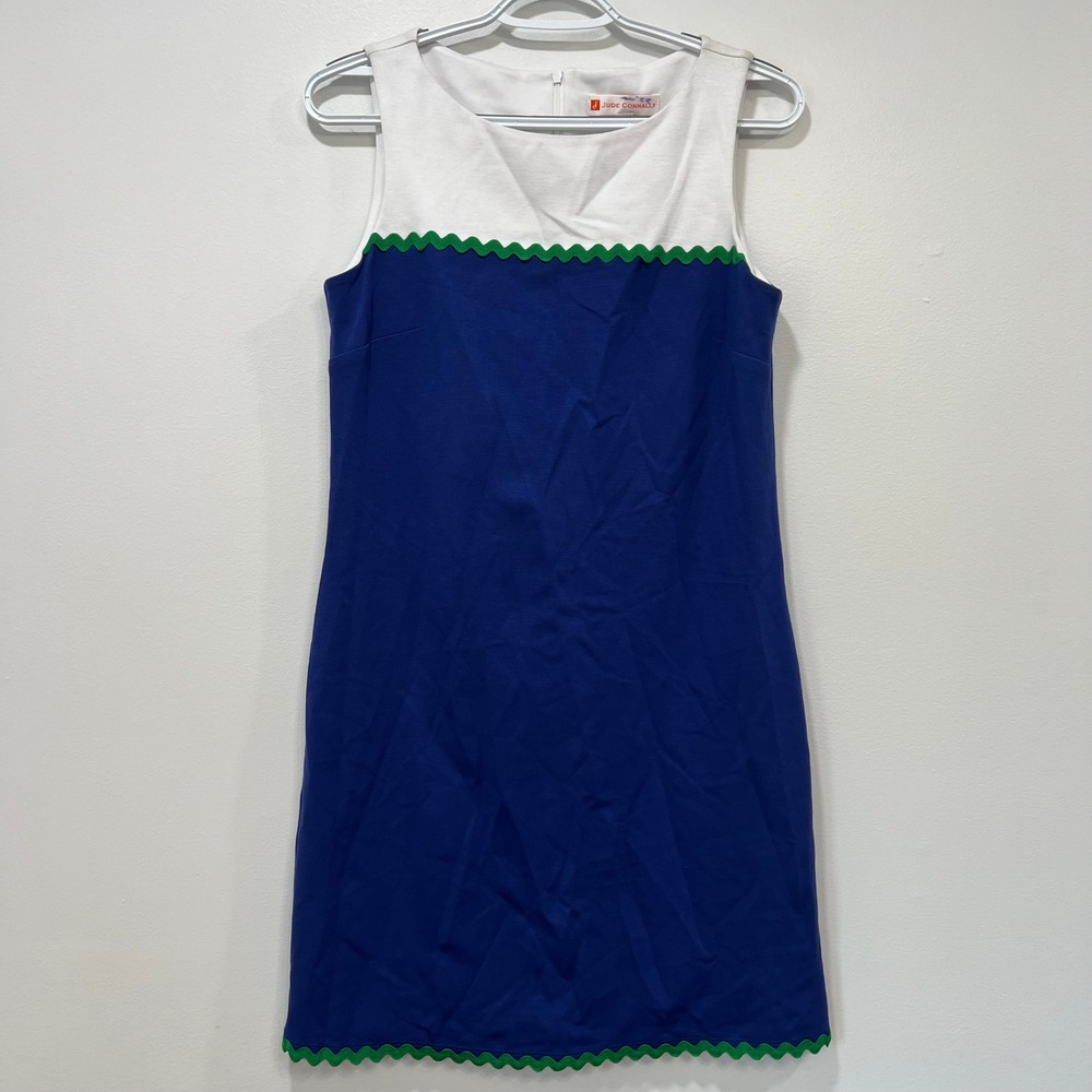 Jude Connally Womens Dress XS Blue White Sleeveless‎ Shift Knee Length Stretch